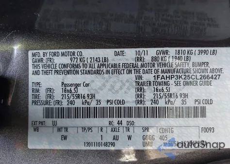 2012 Ford Focus Se z USA, uszkodzony, nr VIN 1FAHP3K25CL266427